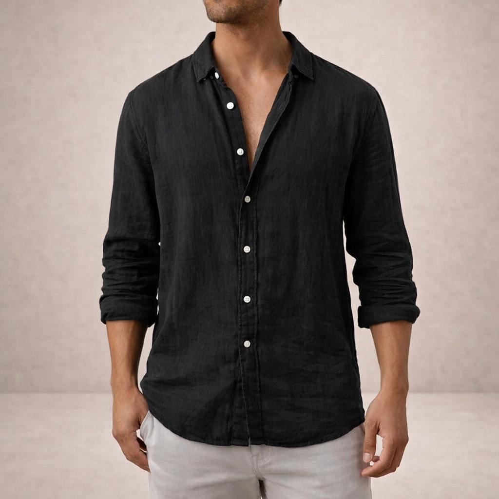 Chemise Lin Homme Col Ouvert Noir – Valenne