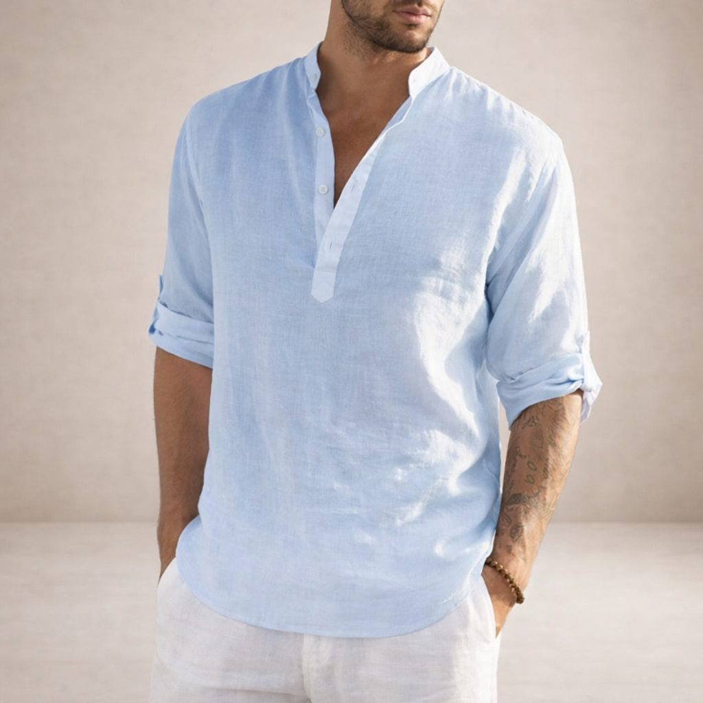 Chemise Lin Homme Col Montant Bleu Clair – Valenne