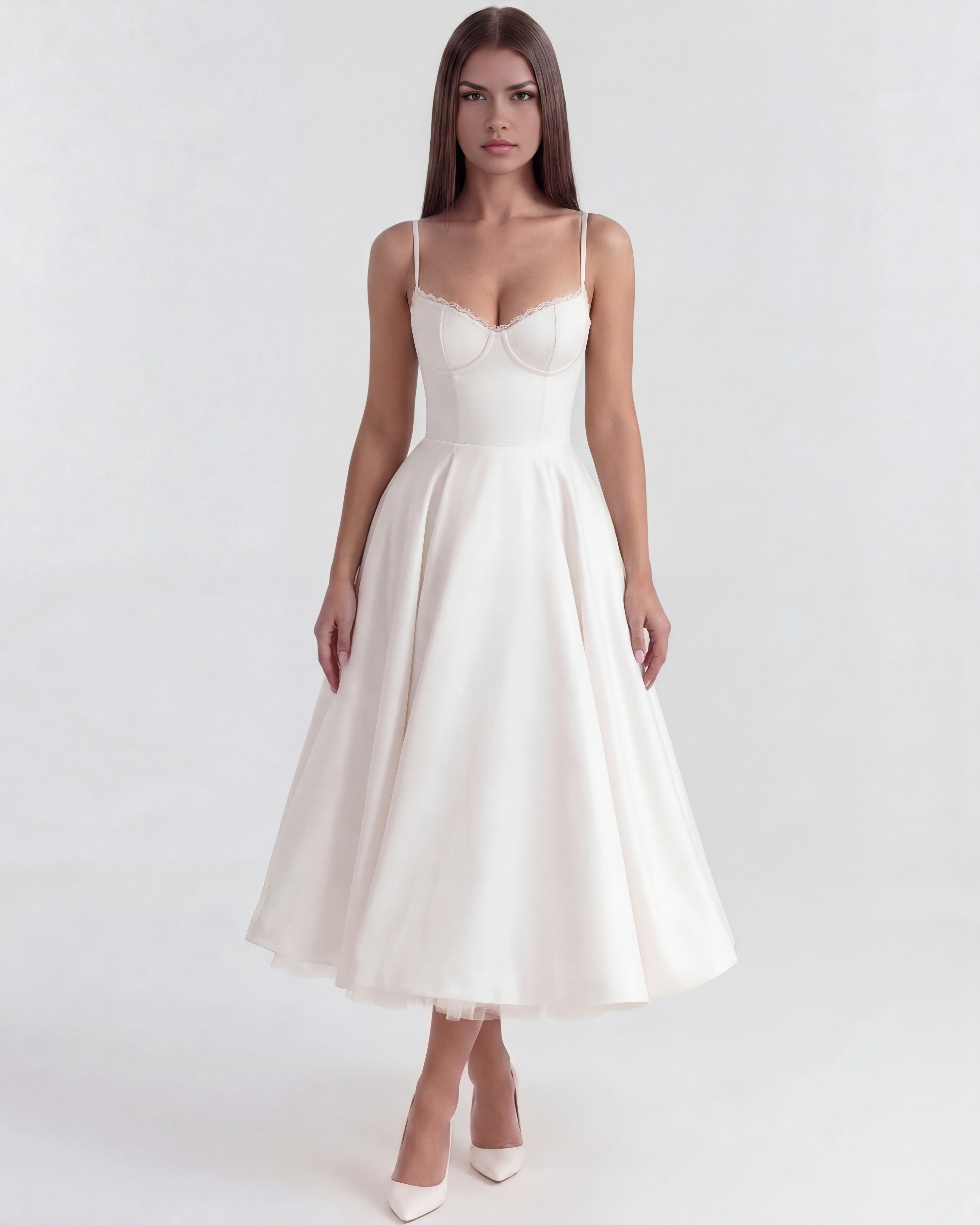 Robe midi blanche Selene – corsage baleiné décolleté cœur et tulle – vue principale Valenne