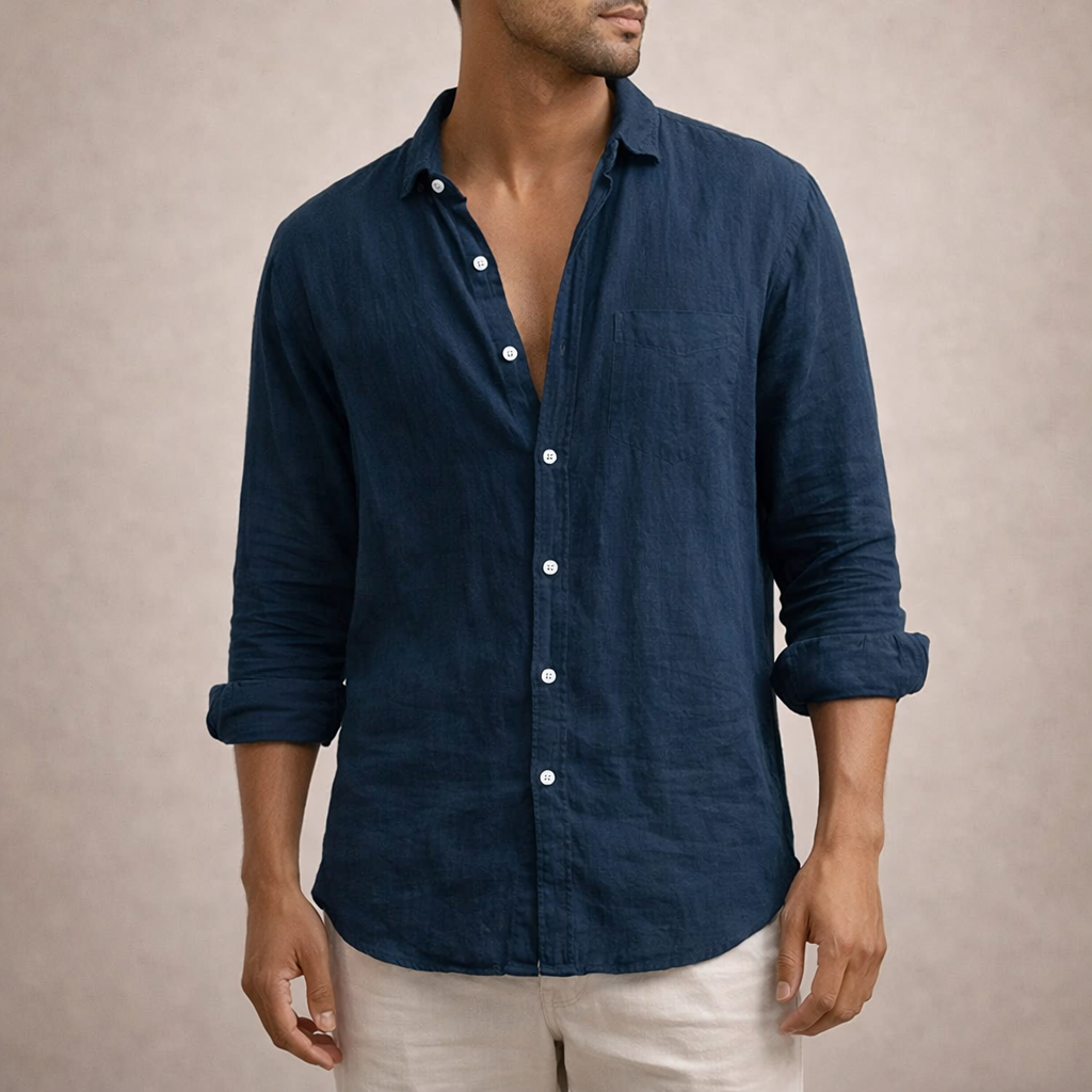 Chemise Lin Homme Col Ouvert Bleu Marine – Valenne