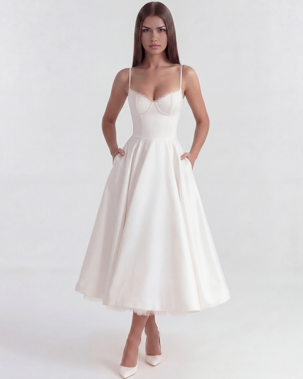 Robe Selene blanche tulle – vue de face lifestyle