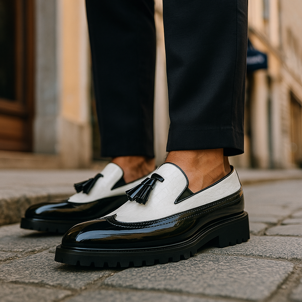 Dalton Vale Loafers – detail pompon signature cuir embosse crocodile