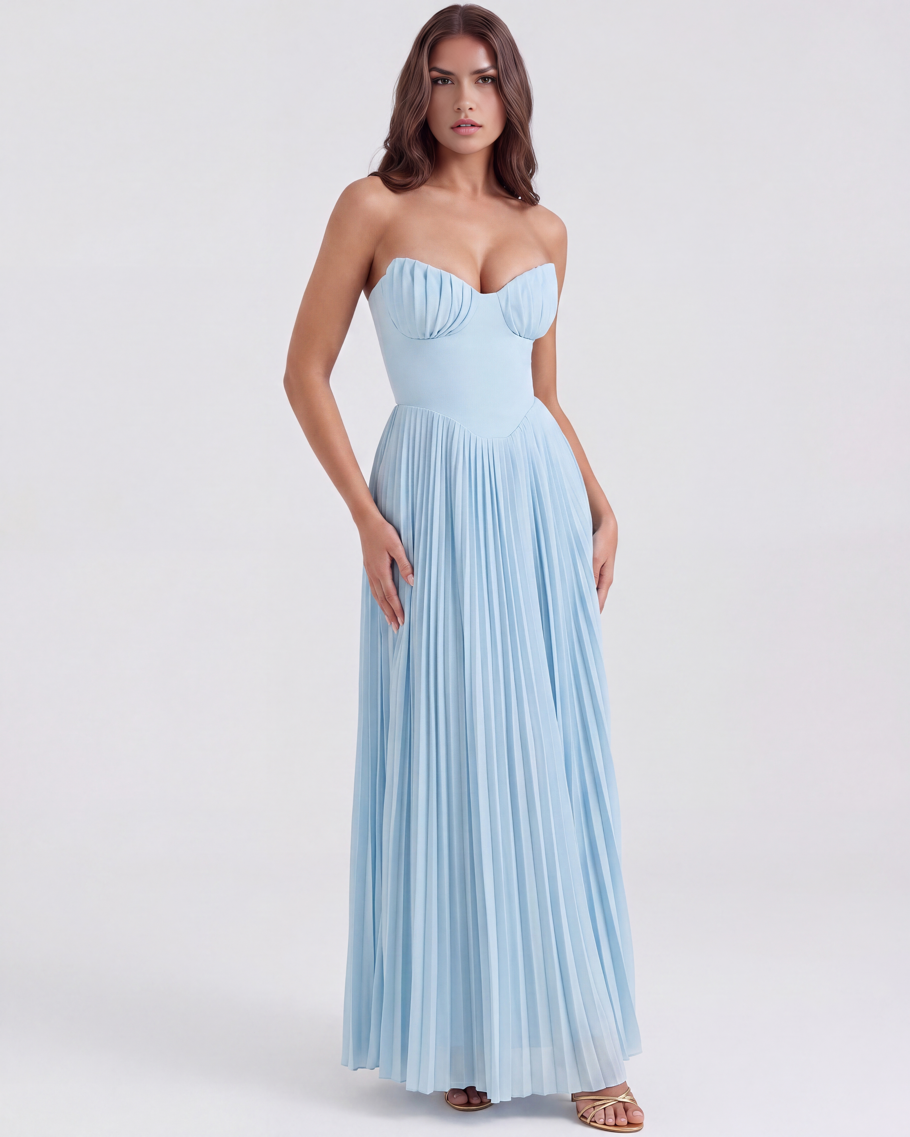 Robe Siena bleue georgette – vue de face lifestyle