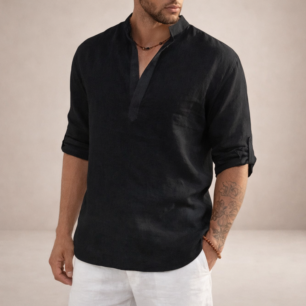 Chemise Lin Homme Col Montant Noir – Valenne