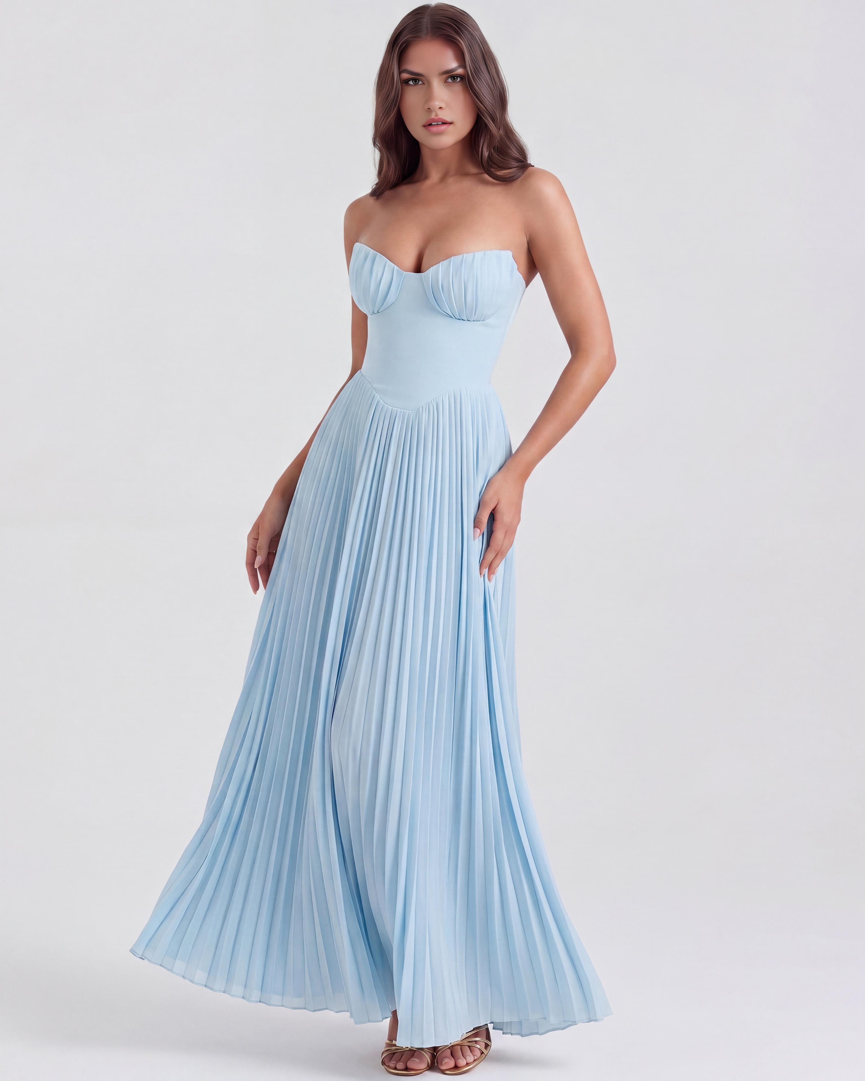 Siena robe bleue Valenne – détail buste plis coquillage