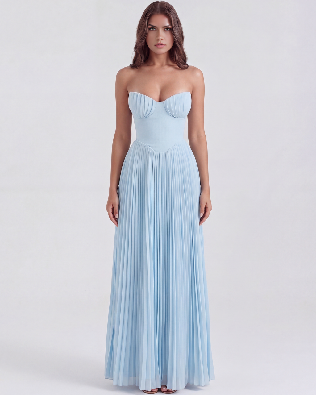 Robe maxi bleu océan Siena – corsage baleiné plis coquillage – vue principale Valenne