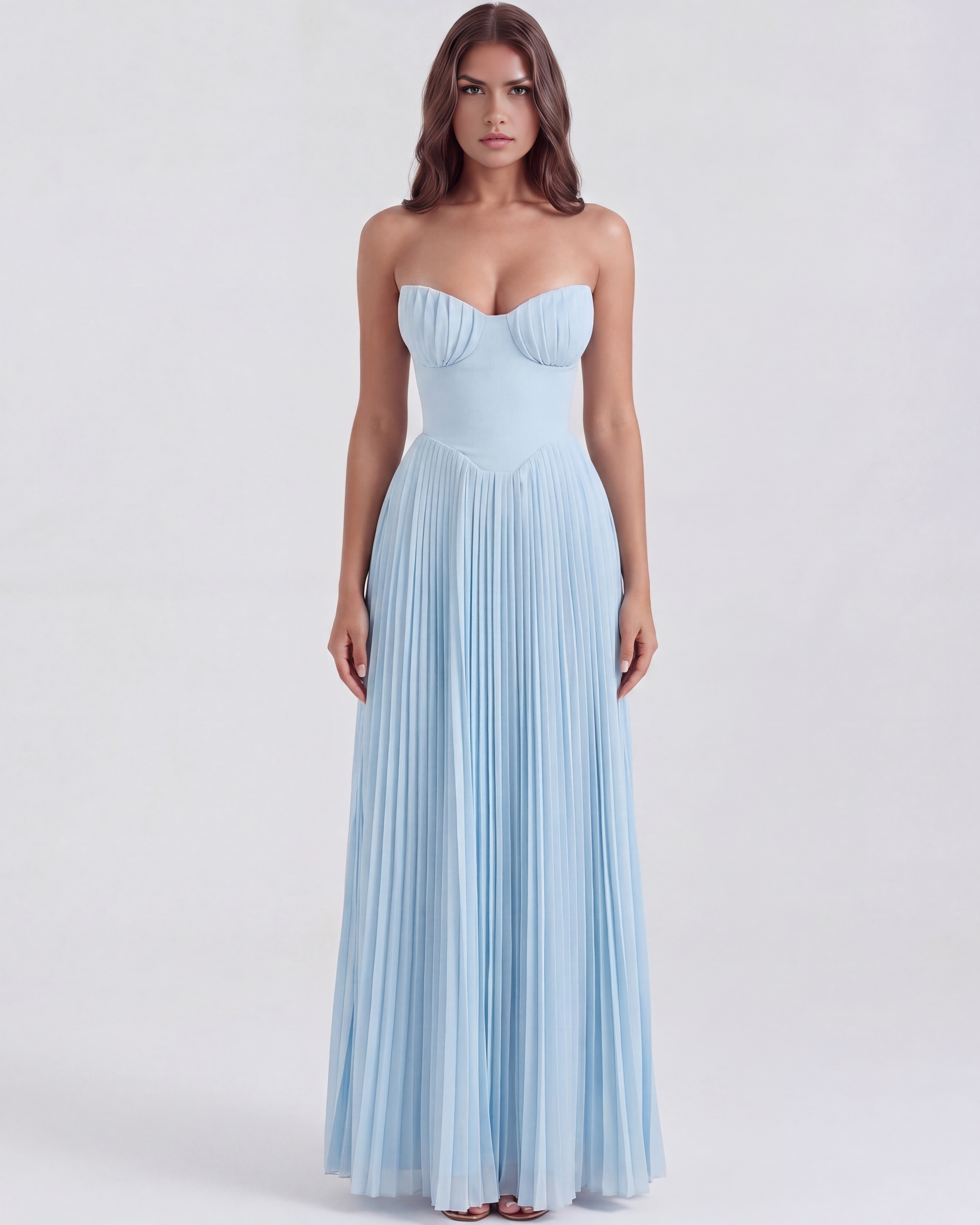 Robe maxi bleu océan Siena – corsage baleiné plis coquillage – vue principale Valenne
