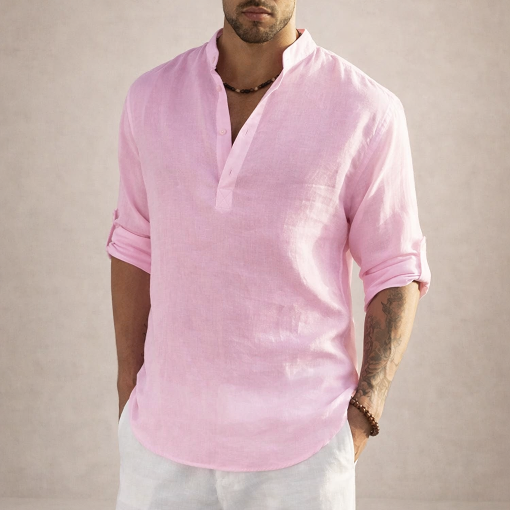 Chemise Lin Homme Col Montant Rose – Valenne