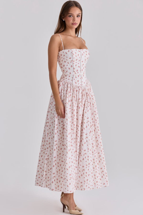 Ysabella – Robe Midi Fleurie Roses Blanches en Coton