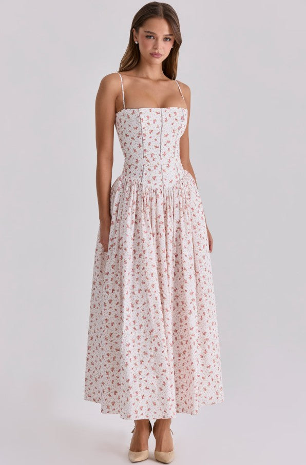 Ysabella – Robe Midi Fleurie Roses Blanches en Coton
