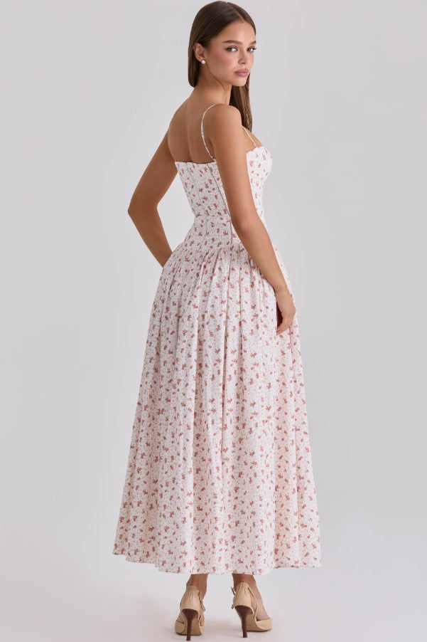 Ysabella – Robe Midi Fleurie Roses Blanches en Coton