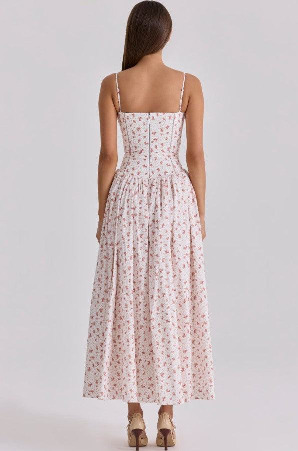 Ysabella – Robe Midi Fleurie Roses Blanches en Coton