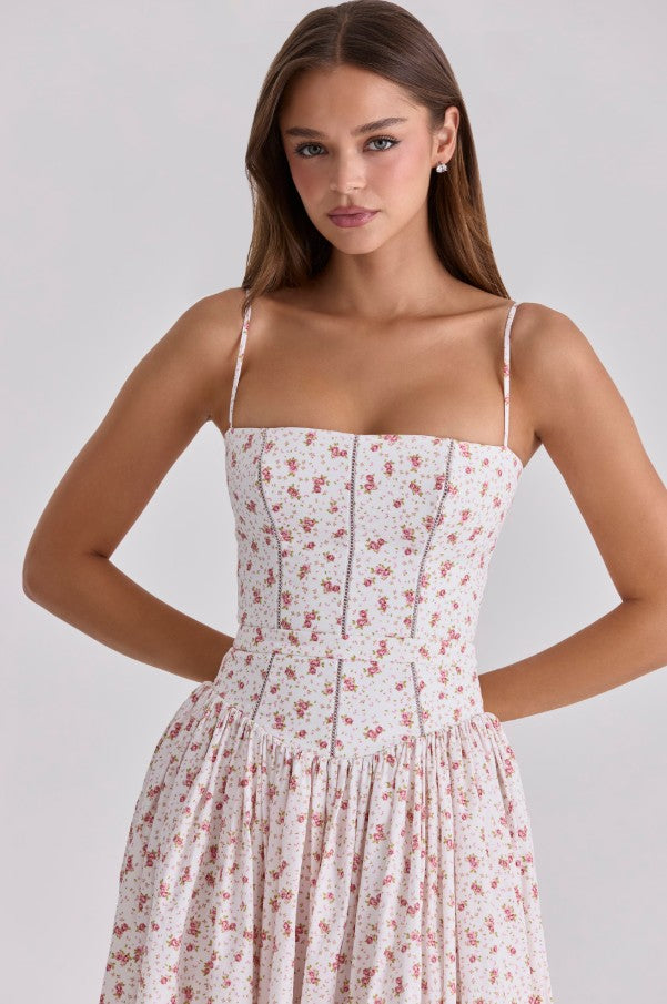 Ysabella – Robe Midi Fleurie Roses Blanches en Coton