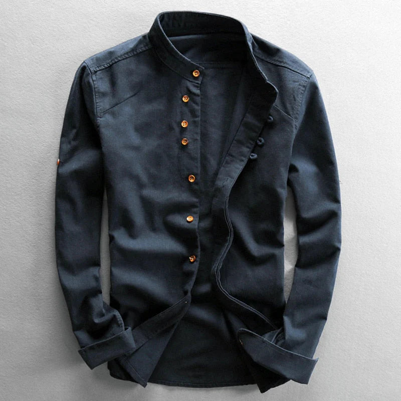Chemise col officier coton lin homme