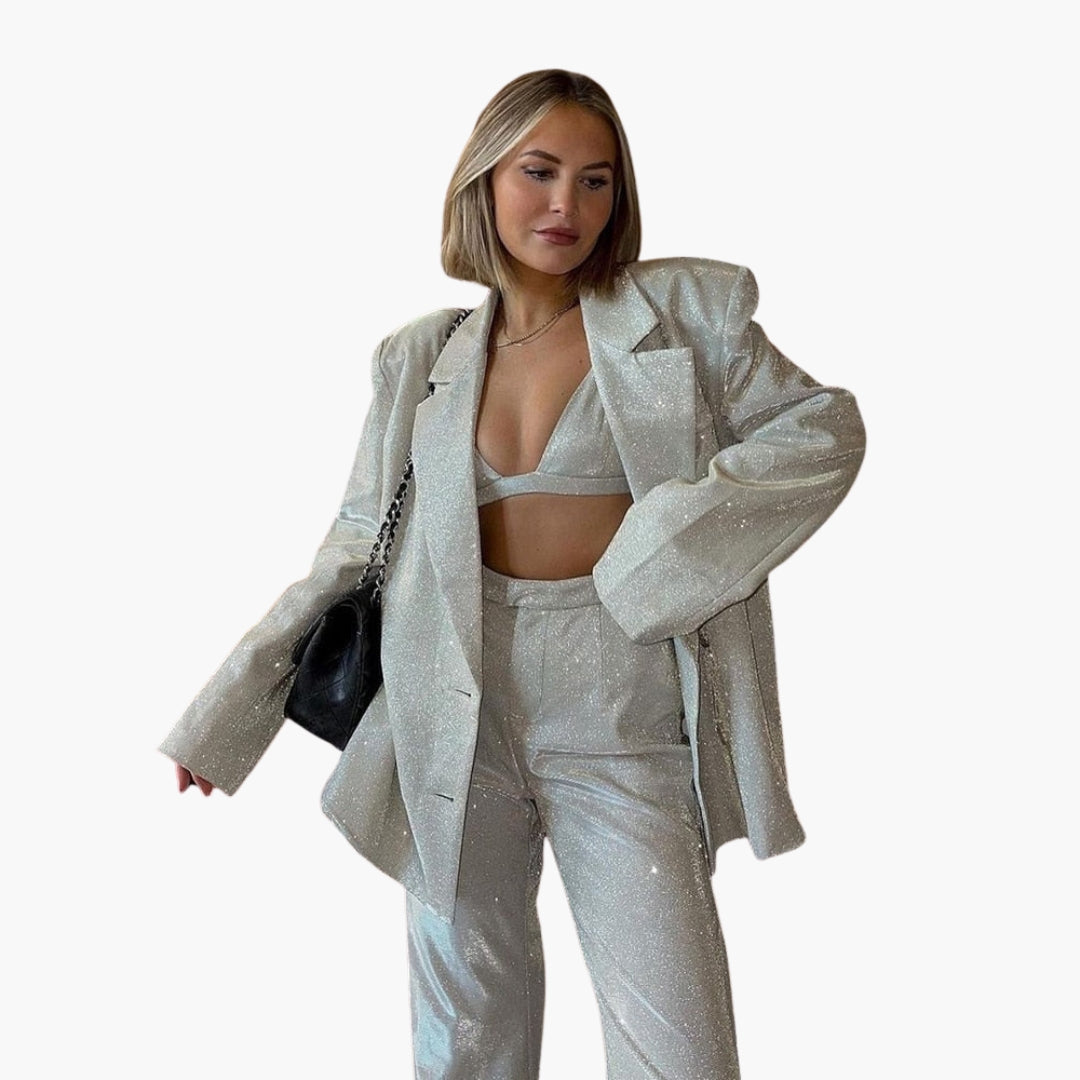 Ensemble tailleur femme 3 pièces à paillettes argentées – veste pantalon haut – Valenne