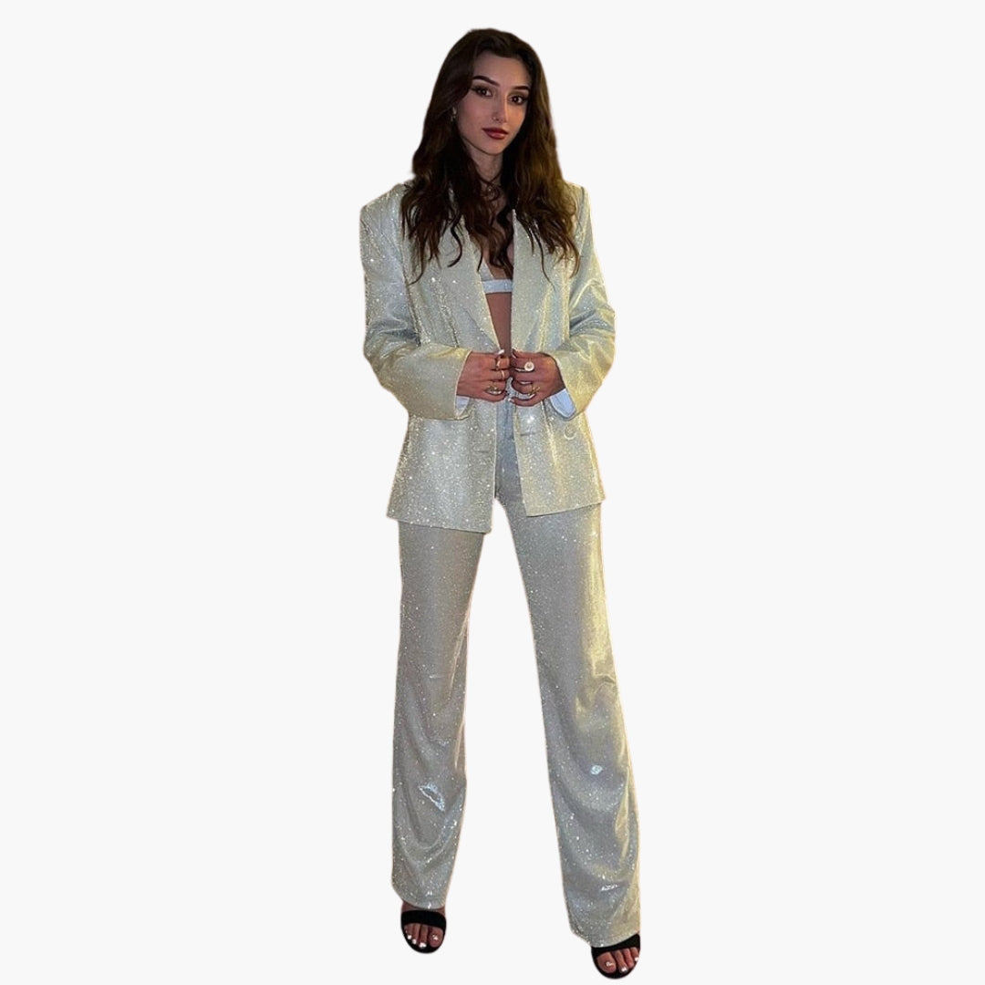 Ensemble paillettes femme vue de face – tailleur soirée chic