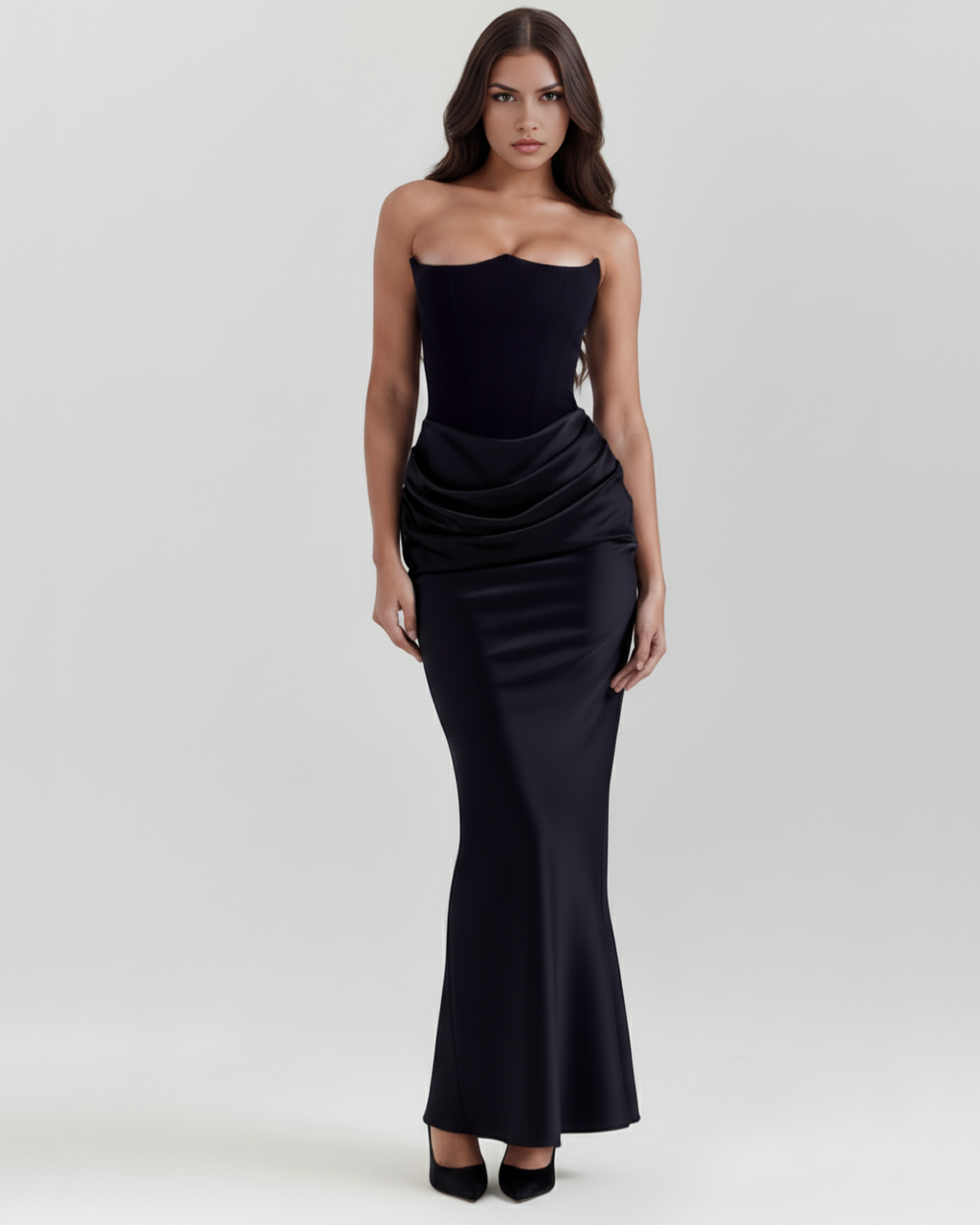Robe maxi noire Rosalind – corsage baleiné crêpe stretch glamour – vue principale Valenne
