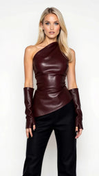 Haut une épaule sculptural similicuir avec gants longs