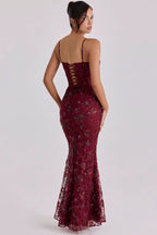 Arabella – Robe Maxi Bordeaux Dentelle Fleurie Corsage Lacé Dos