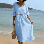 Robe Midi Lin Femme Bleue Détails Ajourés – Valenne