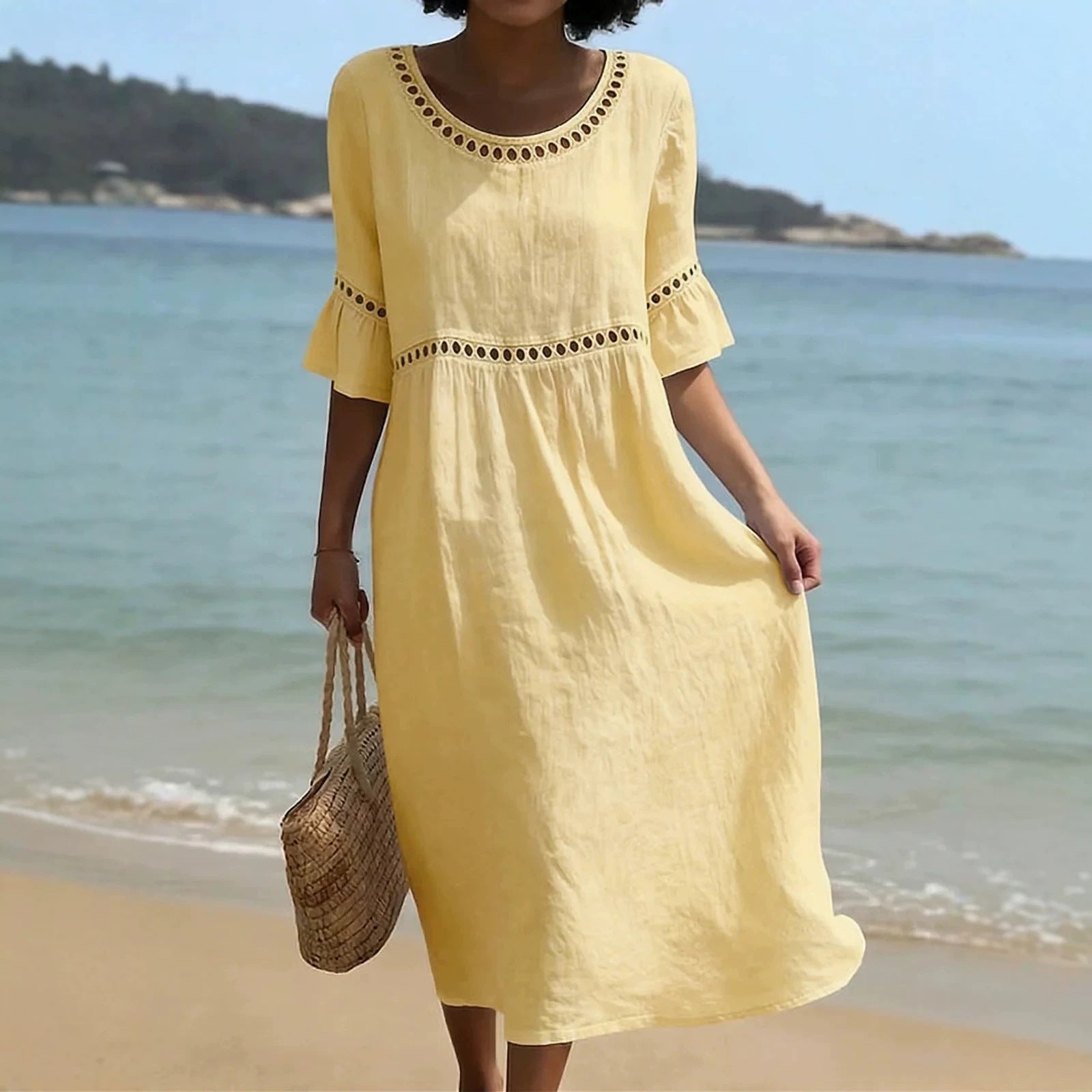 Robe Midi Lin Femme Jaune Coupe Ample – Valenne