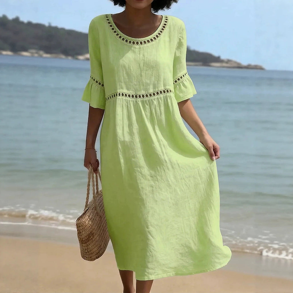 Robe Midi Lin Femme Verte Été – Valenne