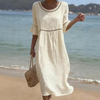 Robe Midi Lin Décontractée Femme Blanche Manches Évasées – Valenne
