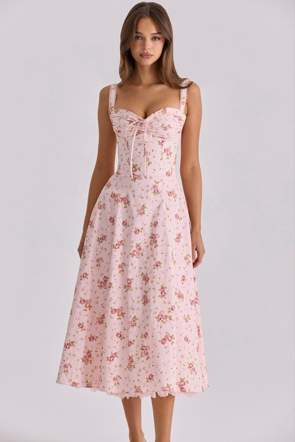 Rosalee – Robe Midi Fleurie Rose Vintage