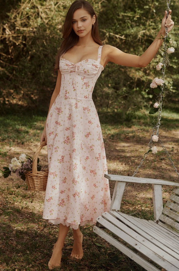 Rosalee – Robe Midi Fleurie Rose Vintage