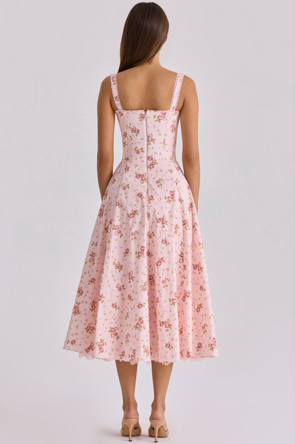 Rosalee – Robe Midi Fleurie Rose Vintage