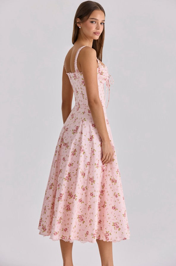 Rosalee – Robe Midi Fleurie Rose Vintage