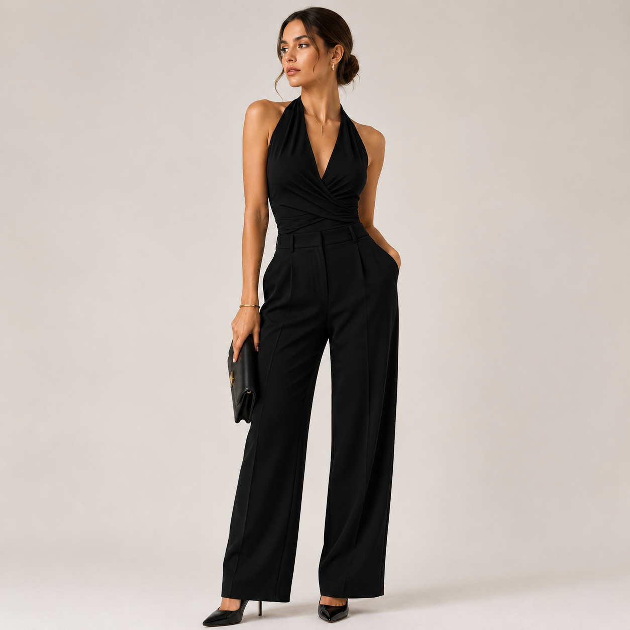 Combinaison Femme Halter Noir Soirée Élégante – Valenne
