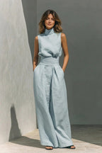 Ensemble Deux Pièces Taille Haute Plissé Femme Bleu Clair – Valenne