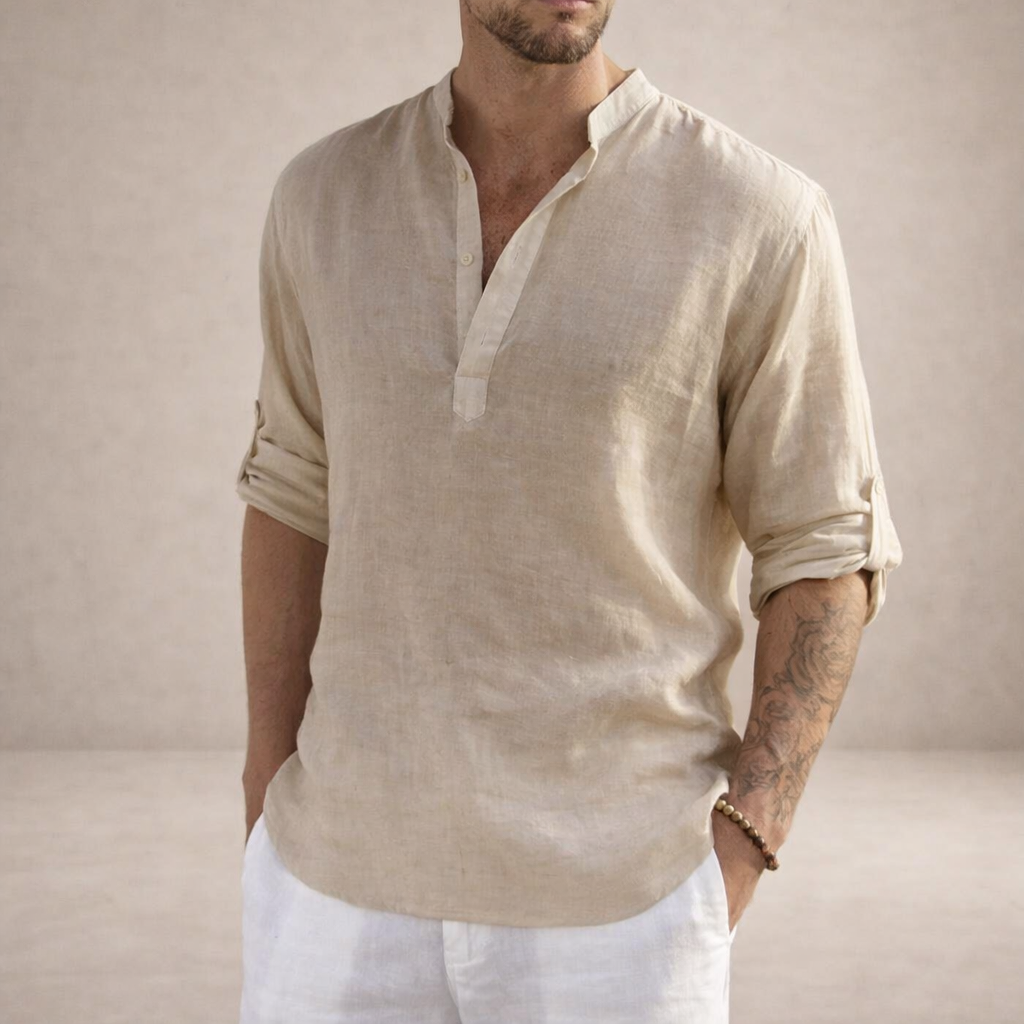 Chemise Lin Homme Col Montant Beige – Valenne
