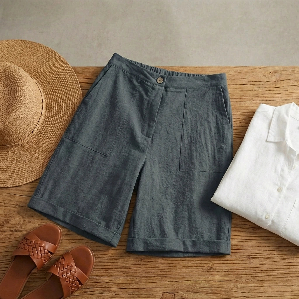 Short bermuda lin ardoise charbon – flat lay poches et ourlets
