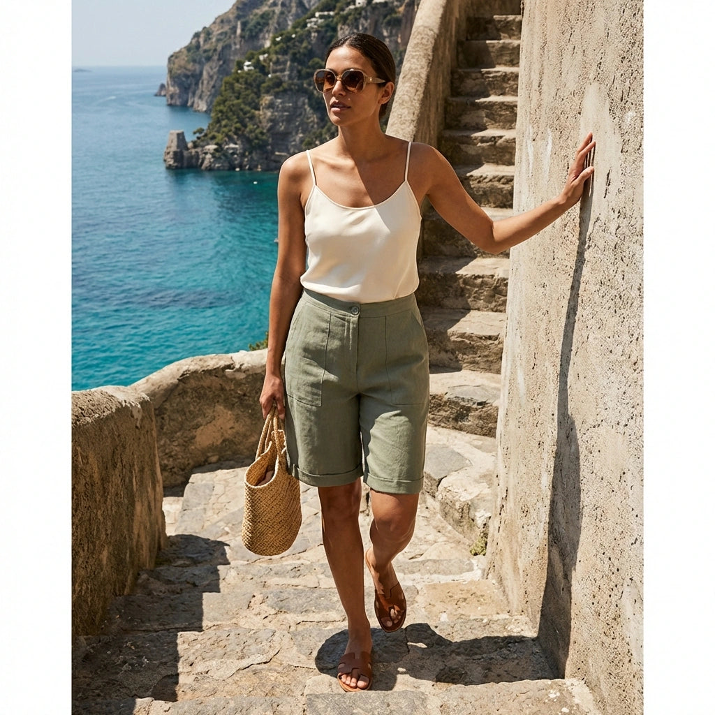 Short bermuda lin vert sauge – look estival avec camisole blanche