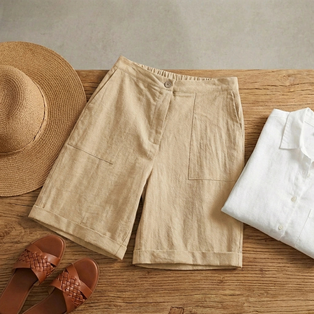 Short lin femme ivoire beige – flat lay bois chapeau sandales