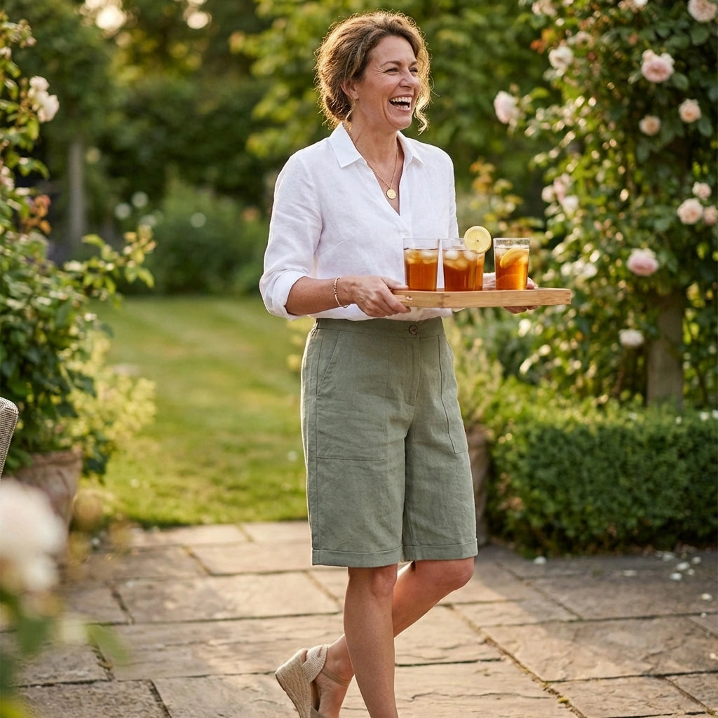 Short bermuda lin taille haute – femme jardin ensoleillé lifestyle
