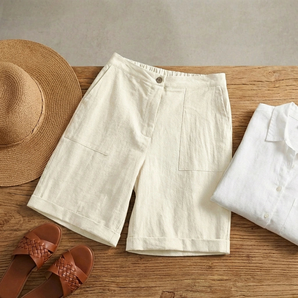 Short bermuda lin sable naturel – flat lay avec sandales été