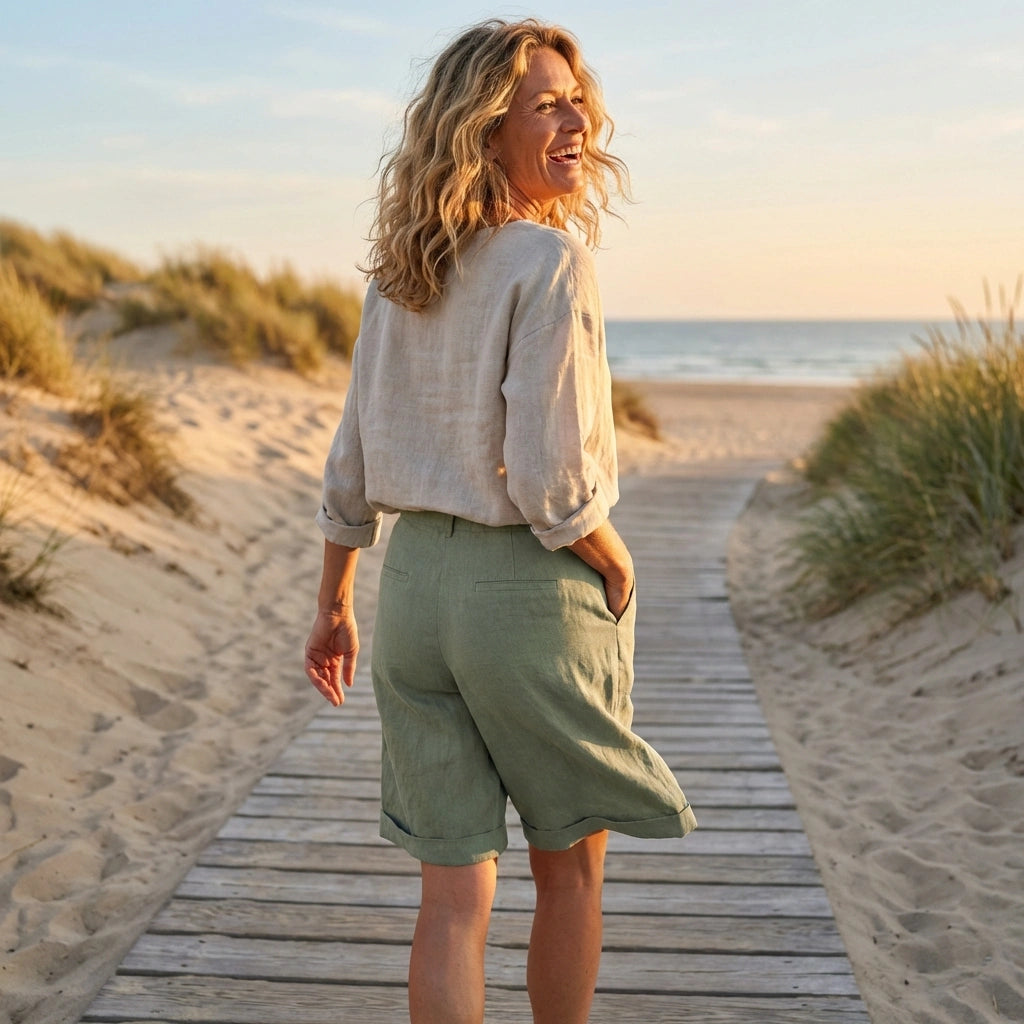 Short lin vert sauge – vue dos boardwalk plage été