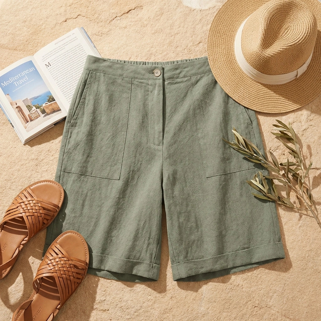 Short lin taille haute vert sauge – flat lay accessoires été