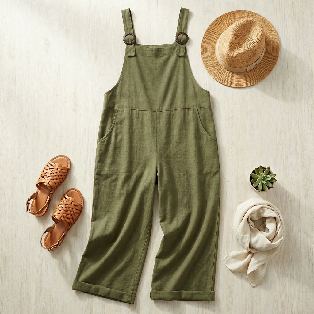 Salopette coton lin vert olive en flat-lay avec chapeau de paille et accessoires d'été