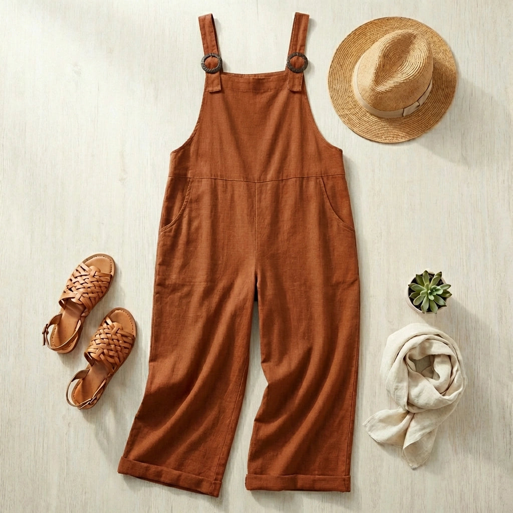 Salopette large en coton lin terracotta rouge en flat-lay avec chapeau de paille et sandales