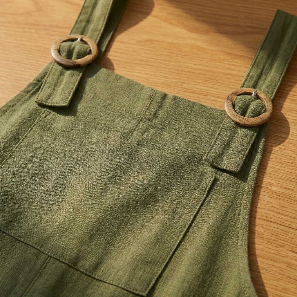 Gros plan sur le tissu texturé et la boucle en bois de la salopette vert olive