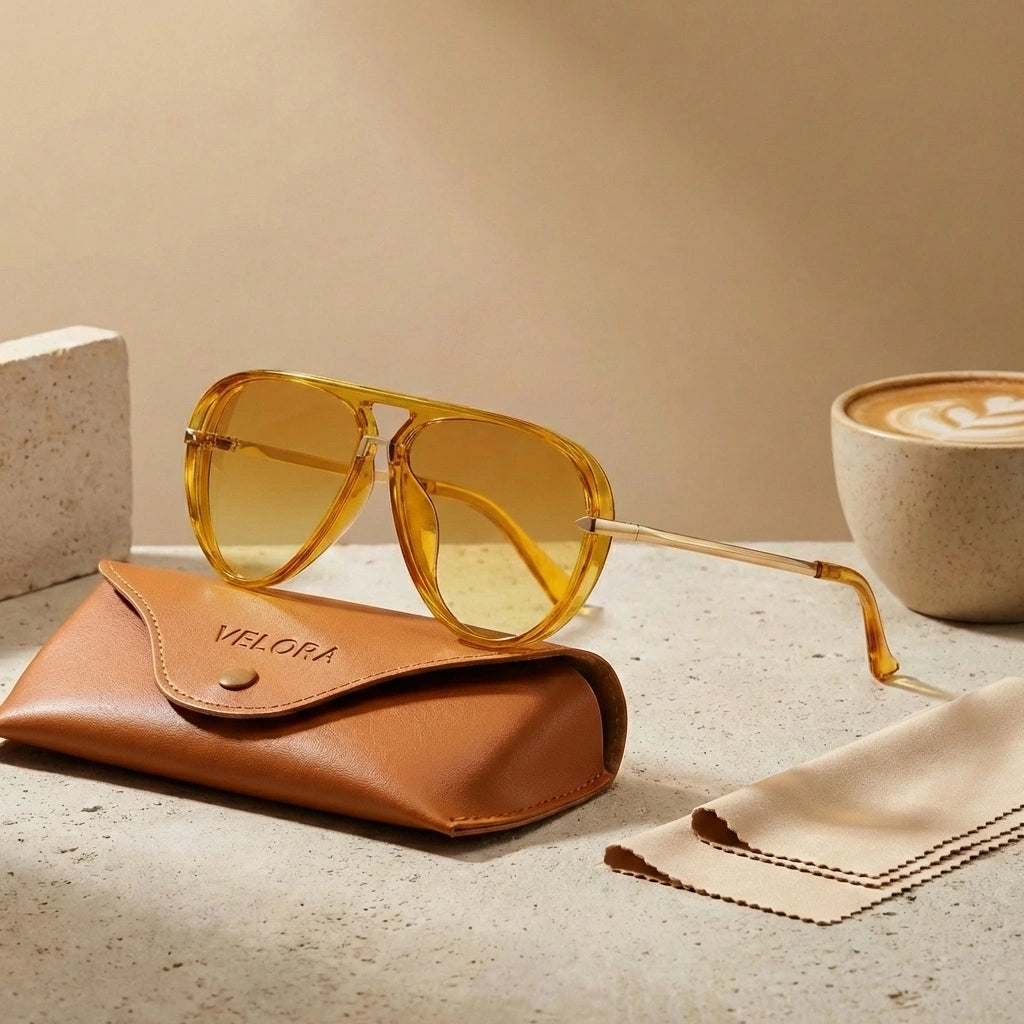 Lunettes aviateur rétro à verres dégradés or ambre et monture dorée