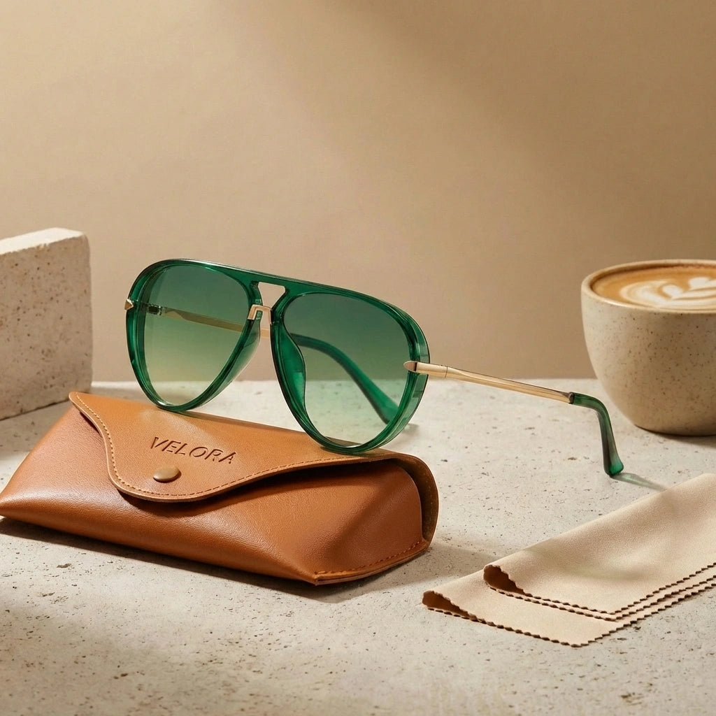 Lunettes de soleil aviateur oversize en acétate vert émeraude avec double pont doré