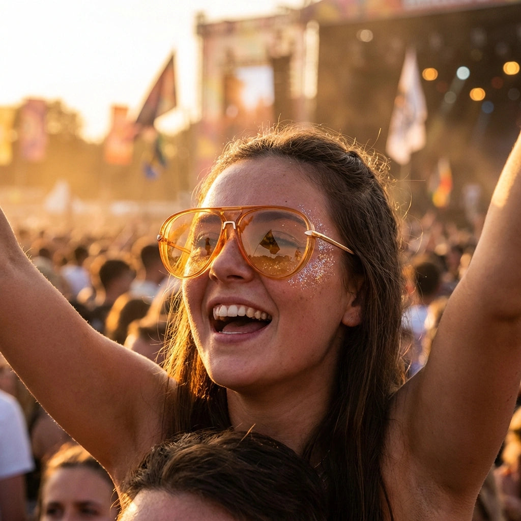 Femme portant des lunettes aviateur dégradées or ambre lors d'un festival
