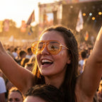 Femme portant des lunettes aviateur dégradées or ambre lors d'un festival