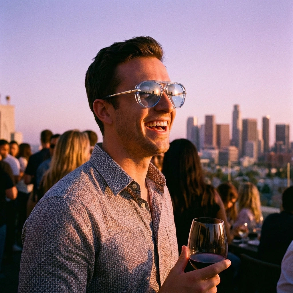 Lunettes de soleil aviateur rétro portées lors d'une soirée rooftop au coucher de soleil