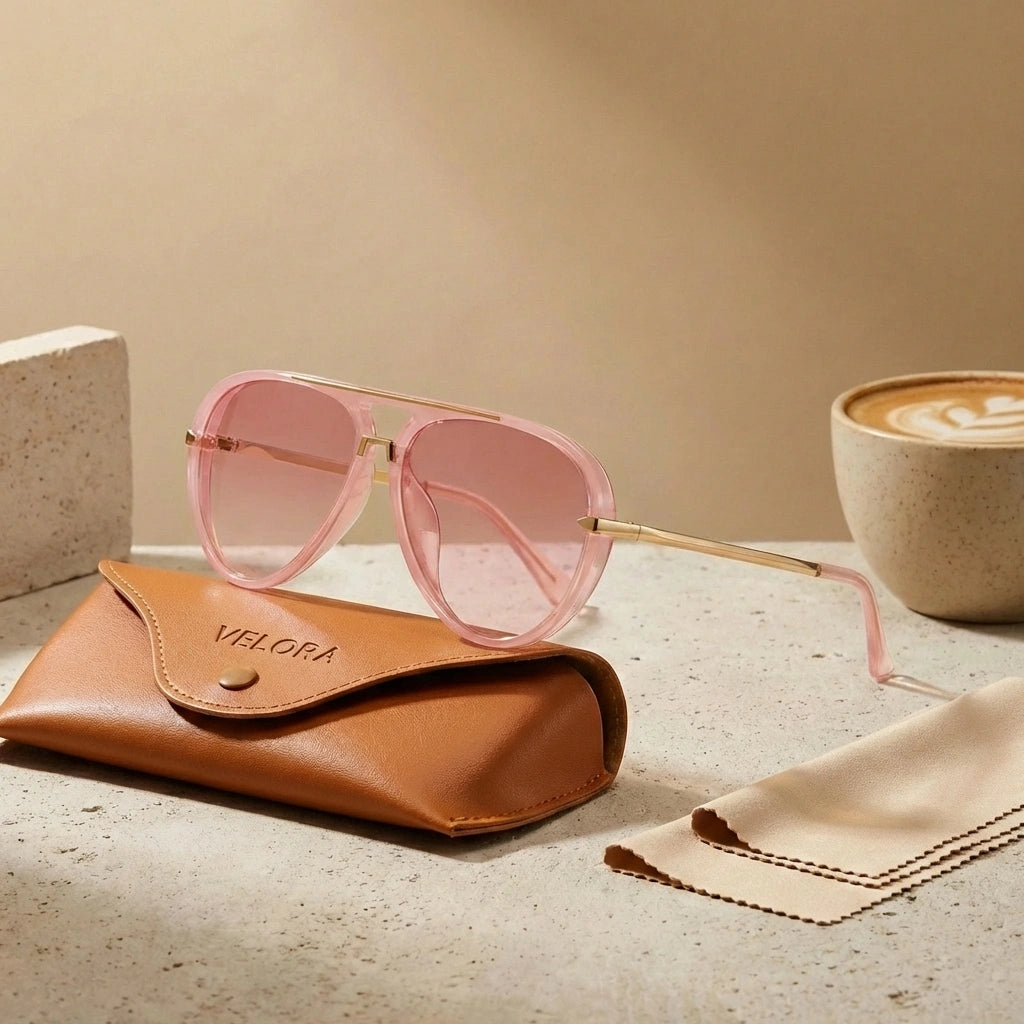 Lunettes de soleil aviateur quartz rose avec double pont doré sur étui en cuir